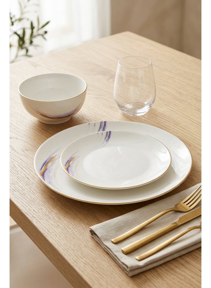 Noon East 18 piece Porcelain Dinnerware Set, Set for 6, Microwave & Dishwasher Safe, Purple and Gold Rim - Image 5