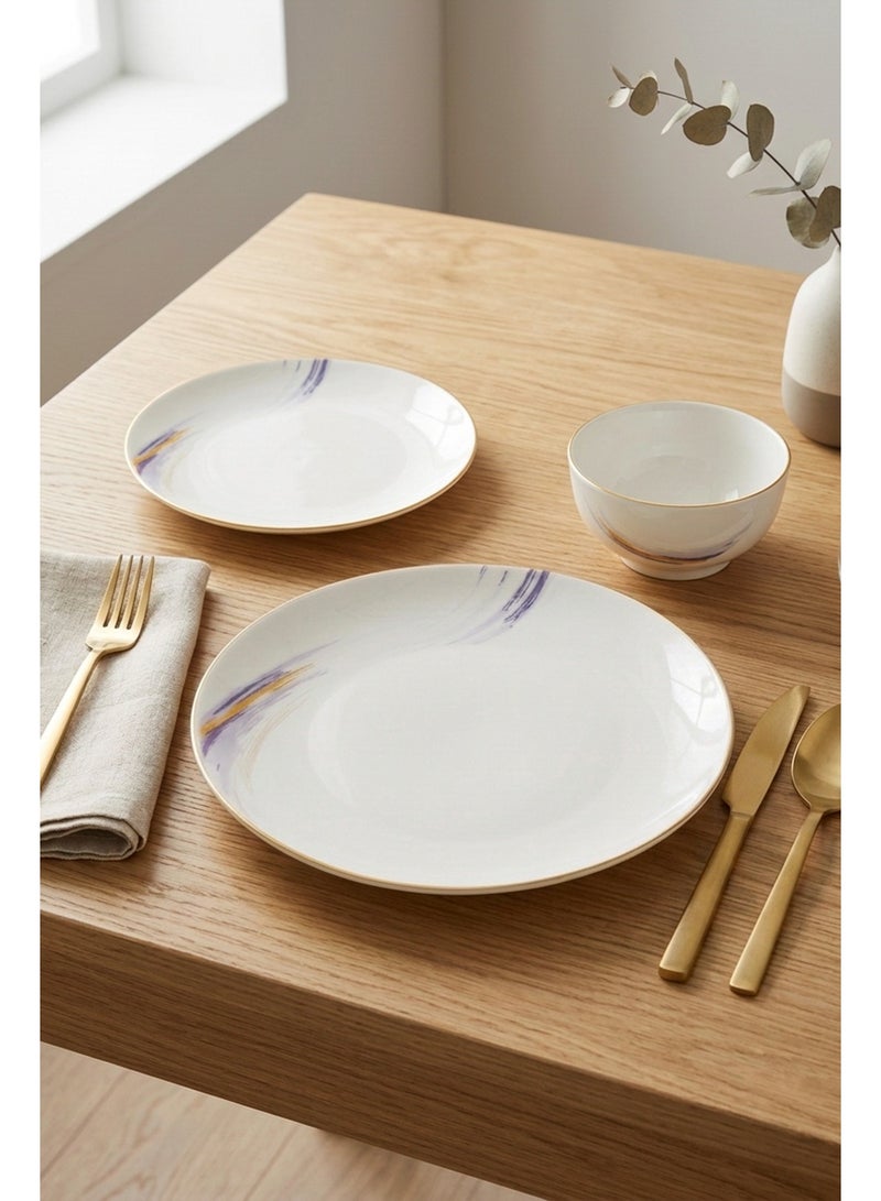 Noon East 18 piece Porcelain Dinnerware Set, Set for 6, Microwave & Dishwasher Safe, Purple and Gold Rim - Image 4