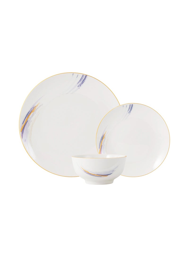 Noon East 18 piece Porcelain Dinnerware Set, Set for 6, Microwave & Dishwasher Safe, Purple and Gold Rim - Image 1