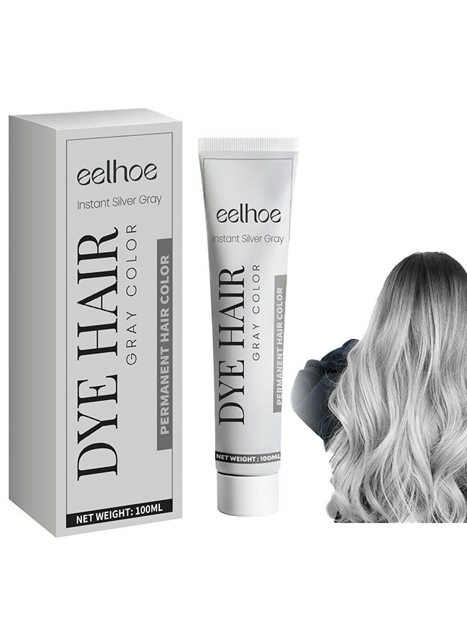 EELHOE Instant Silver Gray, Silver Gray Natural Hair Dye Cream, Unisex Long-Lasting Hair Color Cream, Easy to Apply and Non-Stripping, Suitable for All Hair Types, Fashionable Silver Hair Dye, 100ml
