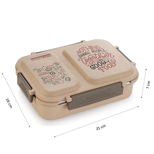 STEELLOCK SmartMeal 2 Partition Stainless Steel Insulated Tiffin for Kids & Adults with Spoon | Leak-Proof Lunch Box with Silicone Gasket Lid | Bento Box for School, Boys, Girls & Office 650 ML - Brown. - Image 3