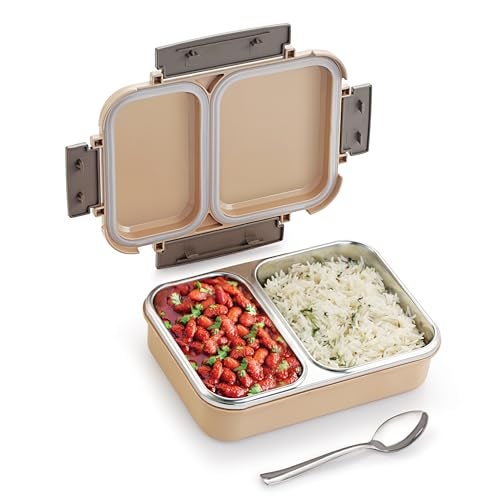STEELLOCK SmartMeal 2 Partition Stainless Steel Insulated Tiffin for Kids & Adults with Spoon | Leak-Proof Lunch Box with Silicone Gasket Lid | Bento Box for School, Boys, Girls & Office 650 ML - Brown. - Image 4