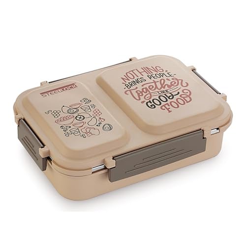 STEELLOCK SmartMeal 2 Partition Stainless Steel Insulated Tiffin for Kids & Adults with Spoon | Leak-Proof Lunch Box with Silicone Gasket Lid | Bento Box for School, Boys, Girls & Office 650 ML - Brown. - Image 5