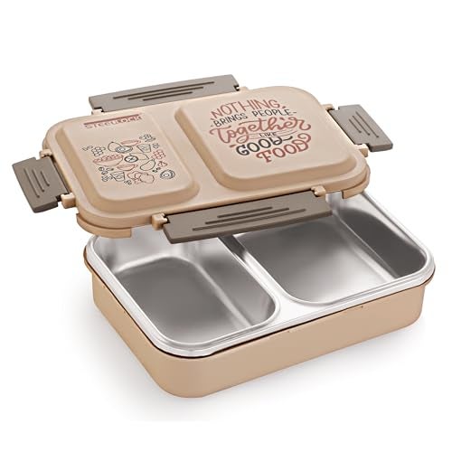 STEELLOCK SmartMeal 2 Partition Stainless Steel Insulated Tiffin for Kids & Adults with Spoon | Leak-Proof Lunch Box with Silicone Gasket Lid | Bento Box for School, Boys, Girls & Office 650 ML - Brown. - Image 2