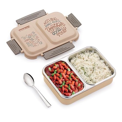 STEELLOCK SmartMeal 2 Partition Stainless Steel Insulated Tiffin for Kids & Adults with Spoon | Leak-Proof Lunch Box with Silicone Gasket Lid | Bento Box for School, Boys, Girls & Office 650 ML - Brown. - Image 1