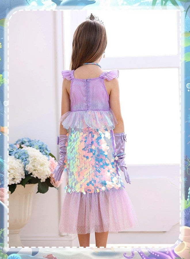 Luzlen Little Girls Mermaid Princess Costume Sequins Party Dress for Toddler Kids Baby Halloween Dress Up with Accessories, Purple, 5-6 Years(Tag 130) - Image 5