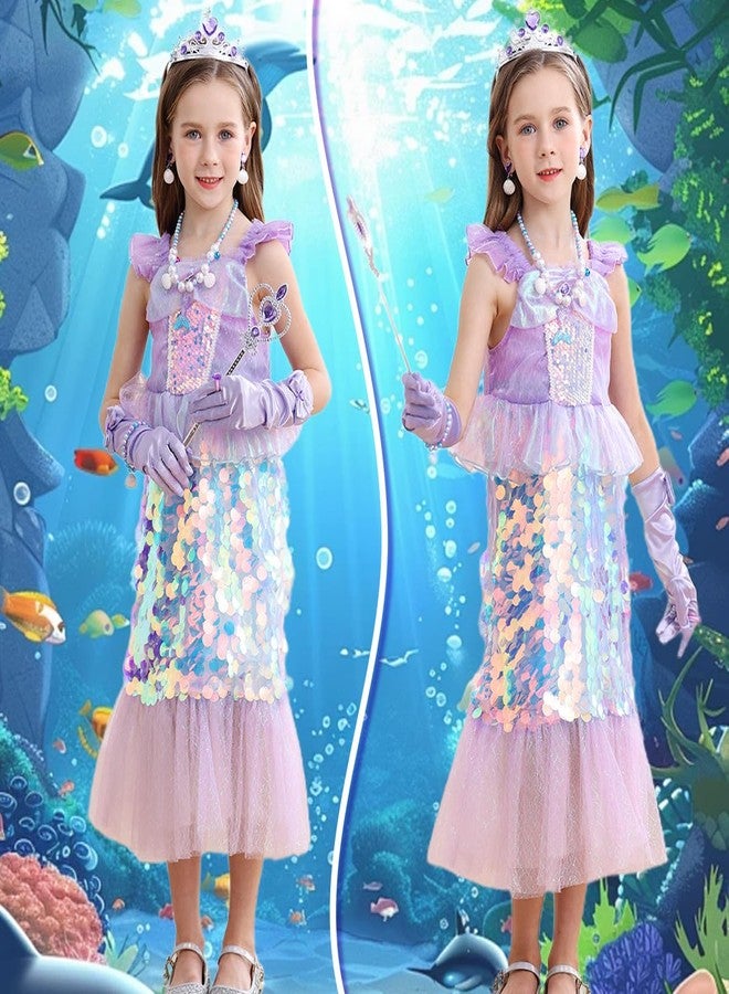 Luzlen Little Girls Mermaid Princess Costume Sequins Party Dress for Toddler Kids Baby Halloween Dress Up with Accessories, Purple, 5-6 Years(Tag 130) - Image 3