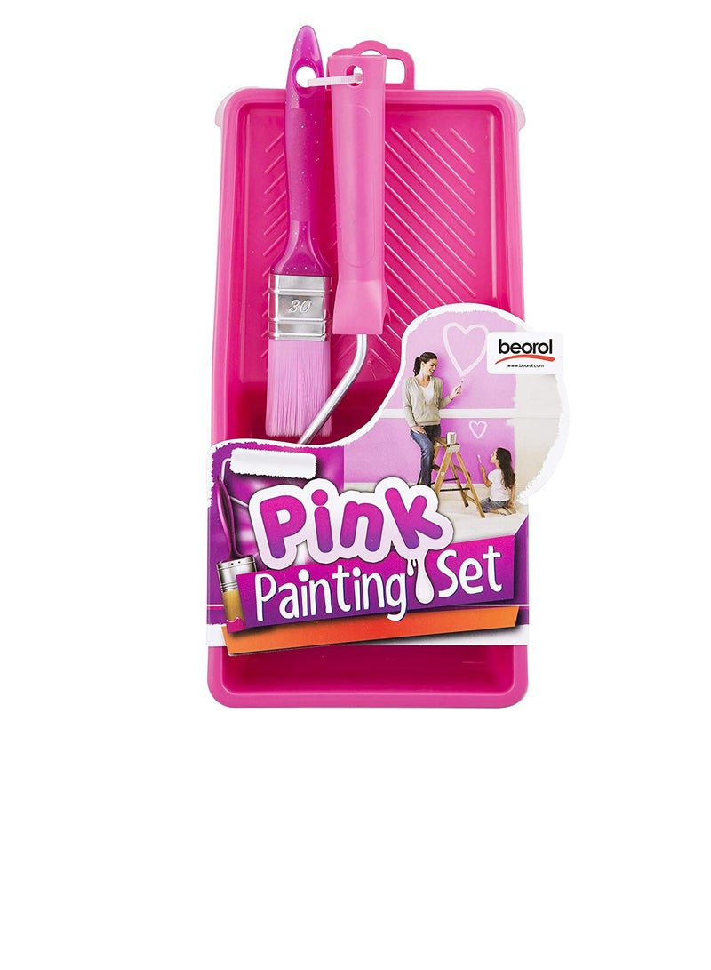 بيورول Beorol - مجموعة طلاء تشمل الأسطوانة والفرشاة والصينية ، وردي - Image 1