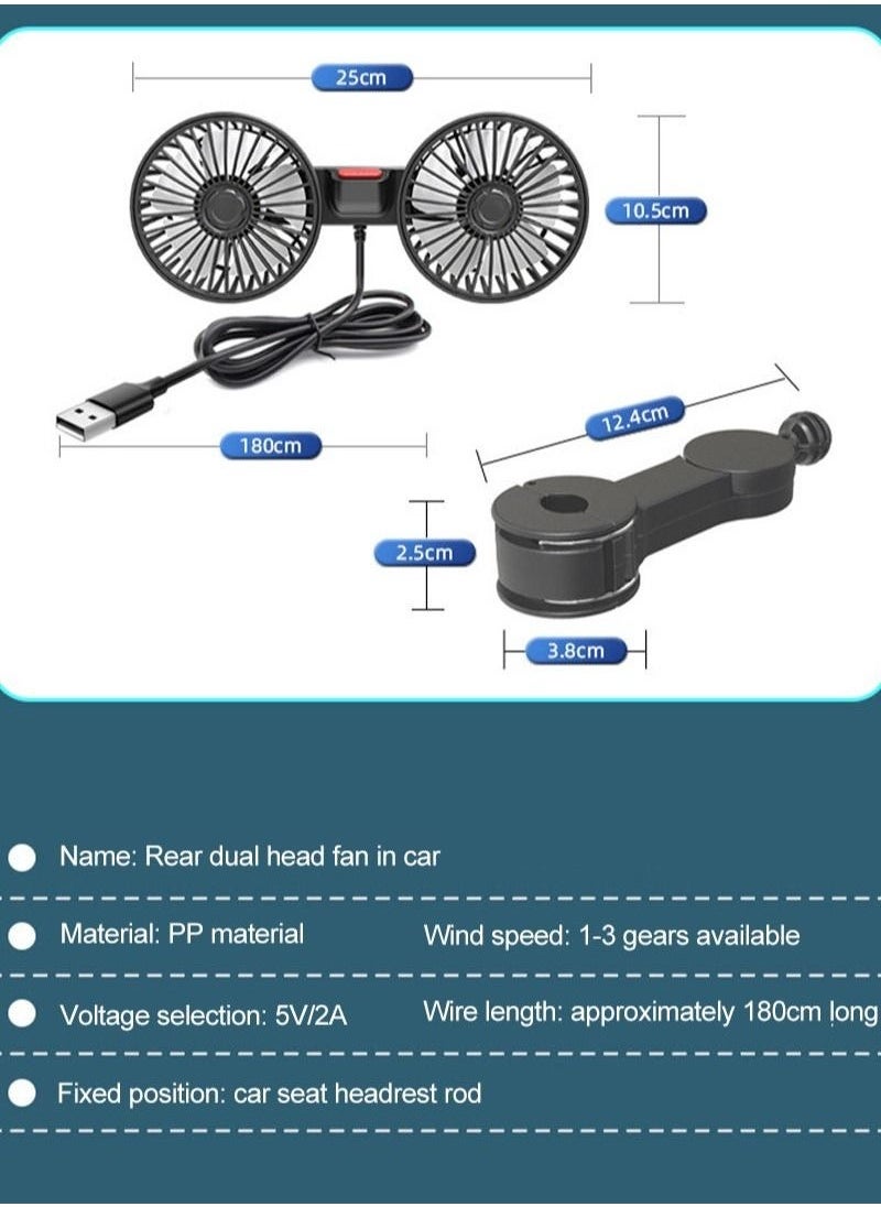 3-Speeds Car Fan 360° Adjustable USB Back Row Dual Head  Fan 10W
