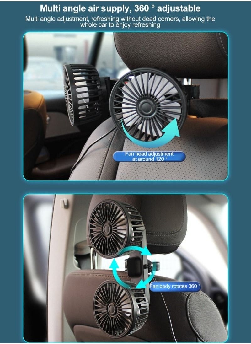 3-Speeds Car Fan 360° Adjustable USB Back Row Dual Head  Fan 10W