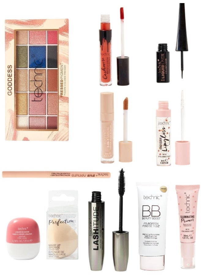 Technic Goddess All-in-One Makeup Kit with 11 Pieces, a Complete Full Face Gift Set for Eyes, Lips and Face, UK Beauty Collection, Vegan and Cruelty Free - Image 1