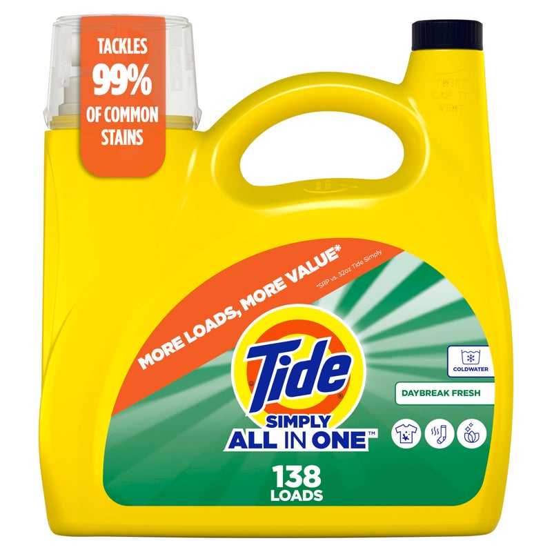 Tide Simply All-In-One Liquid Laundry Detergent, Daybreak Fresh Scent, 138 Loads, 182 fl oz - Image 1