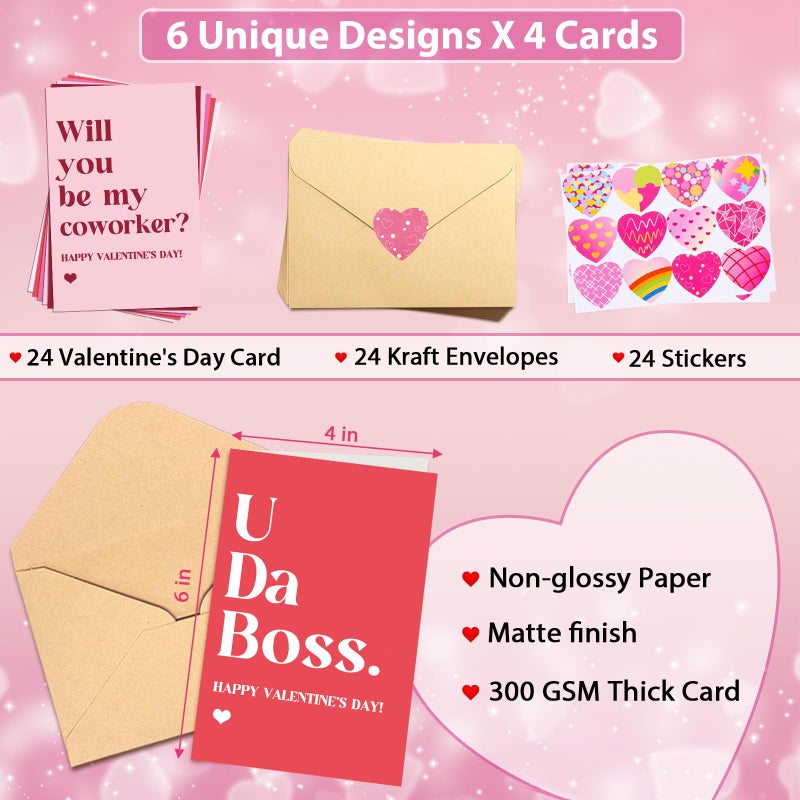 Obbyidk Funny Coworker Valentine's Day Card Set, Assorted Valentines Cards for Boss Colleague Employee, 4 x 6 In(6 Designs, 24 Cards with Envelopes) - Image 2