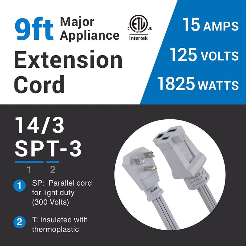 Clear Power 9 ft 14/3 Gray Air Conditioner/Major Appliance Indoor Extension Cable, Extension Cord, Grounded Flat Plug, Perfect for AC Units and Major Appliances, DCIC-0003-DC - Image 4