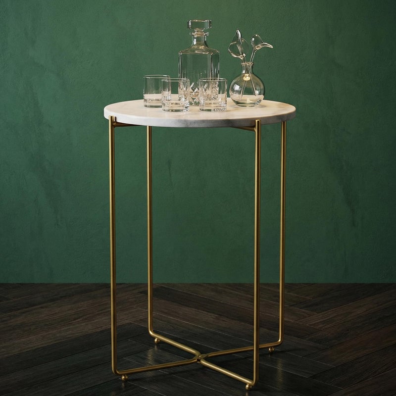 ALPOME Real Marble Side Table, No Assembly Required Round End Table for Living Room, 15" Modern Small Accent Bedside Table with Gold Metal Legs, Waterproof Nightstand for Sofa, Bedroom, White - Image 3