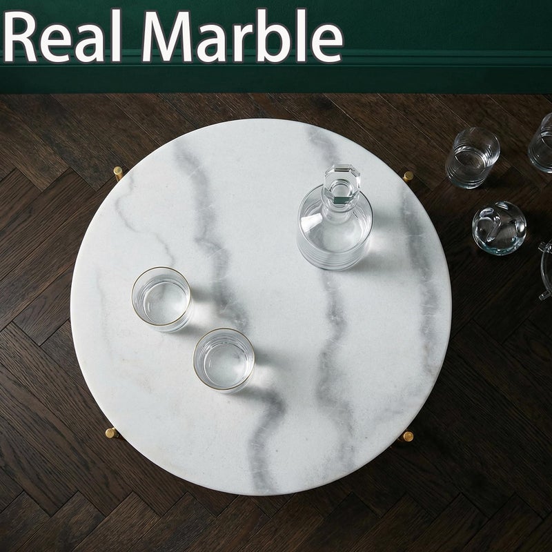 ALPOME Real Marble Side Table, No Assembly Required Round End Table for Living Room, 15" Modern Small Accent Bedside Table with Gold Metal Legs, Waterproof Nightstand for Sofa, Bedroom, White - Image 2