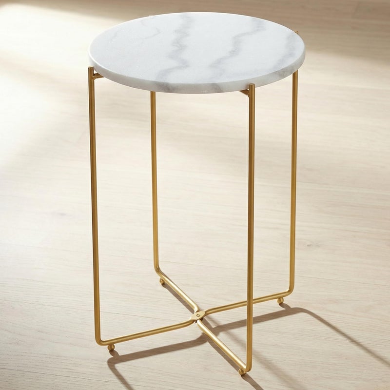 ALPOME Real Marble Side Table, No Assembly Required Round End Table for Living Room, 15" Modern Small Accent Bedside Table with Gold Metal Legs, Waterproof Nightstand for Sofa, Bedroom, White - Image 1