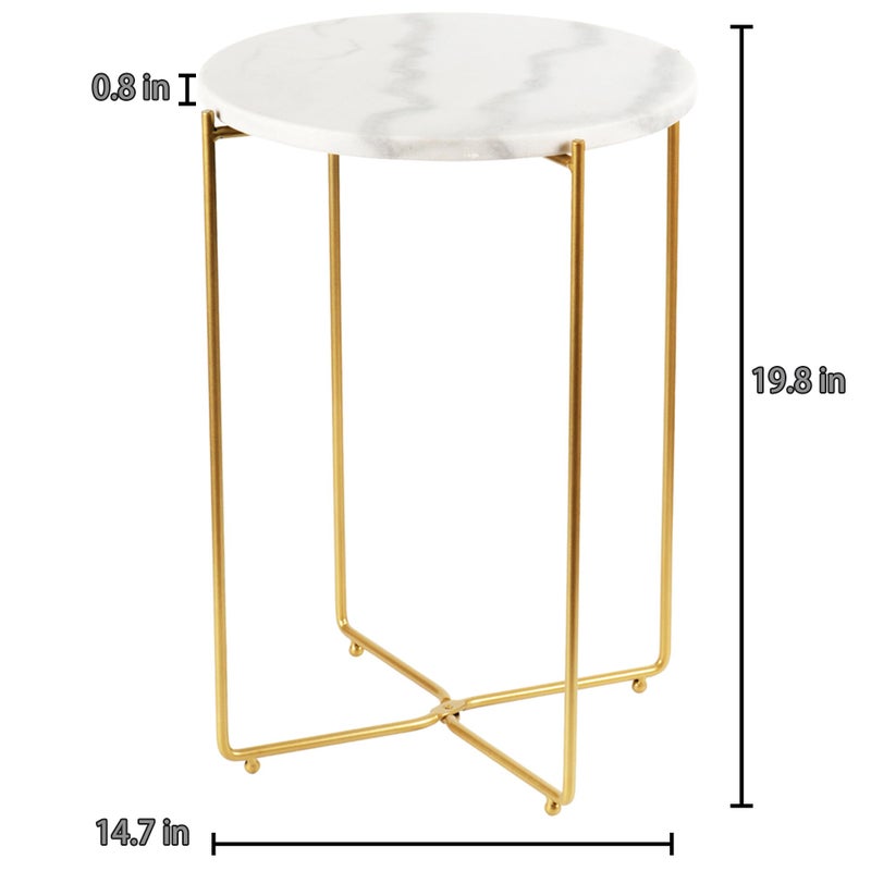 ALPOME Real Marble Side Table, No Assembly Required Round End Table for Living Room, 15" Modern Small Accent Bedside Table with Gold Metal Legs, Waterproof Nightstand for Sofa, Bedroom, White - Image 5