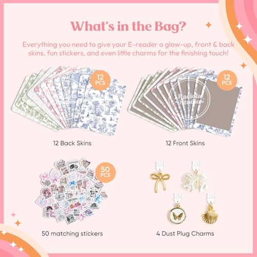 KACIOLA STUDIO 24PCS French Floral Skin for E-Reader, and 4PCS Type C Charms for E-Reader with Scrapbook Stickers, 6.9"x4.8" Skin Front and Back Decal Inserts for Paper White 11th (French Floral) - Image 3