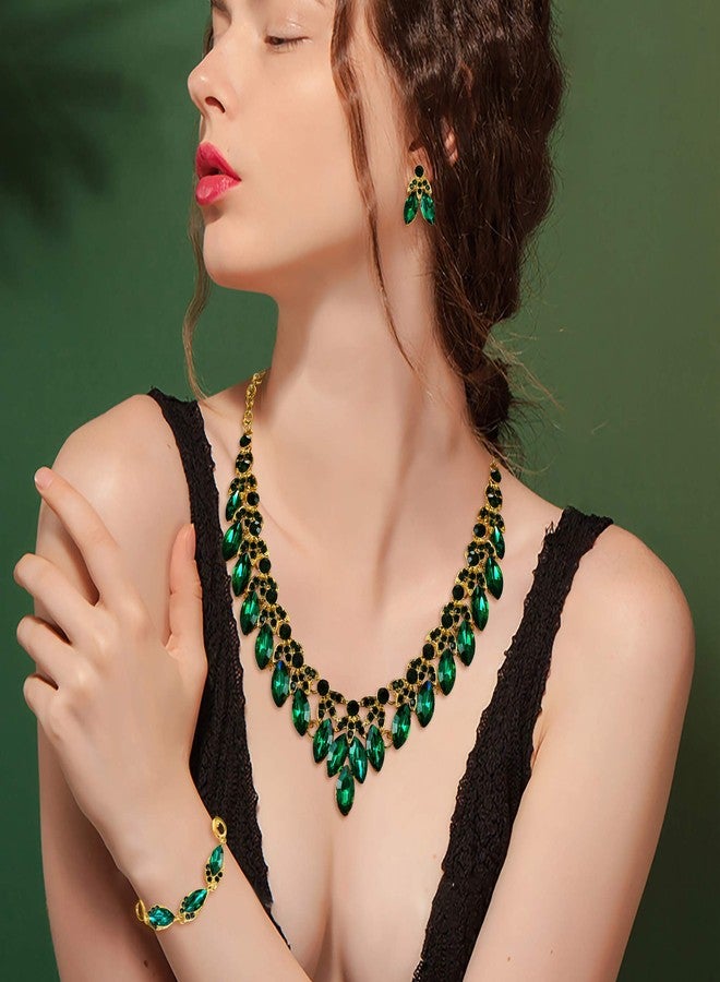 بريلوف طقم مجوهرات زفاف نسائي من بريلوف، مرصع بأحجار الراين والخرز على شكل ماركيز، يتضمن قلادة مميزة، وأقراط متدلية، وسوار بوصلات، بلون الزمرد والذهبي. - Image 2