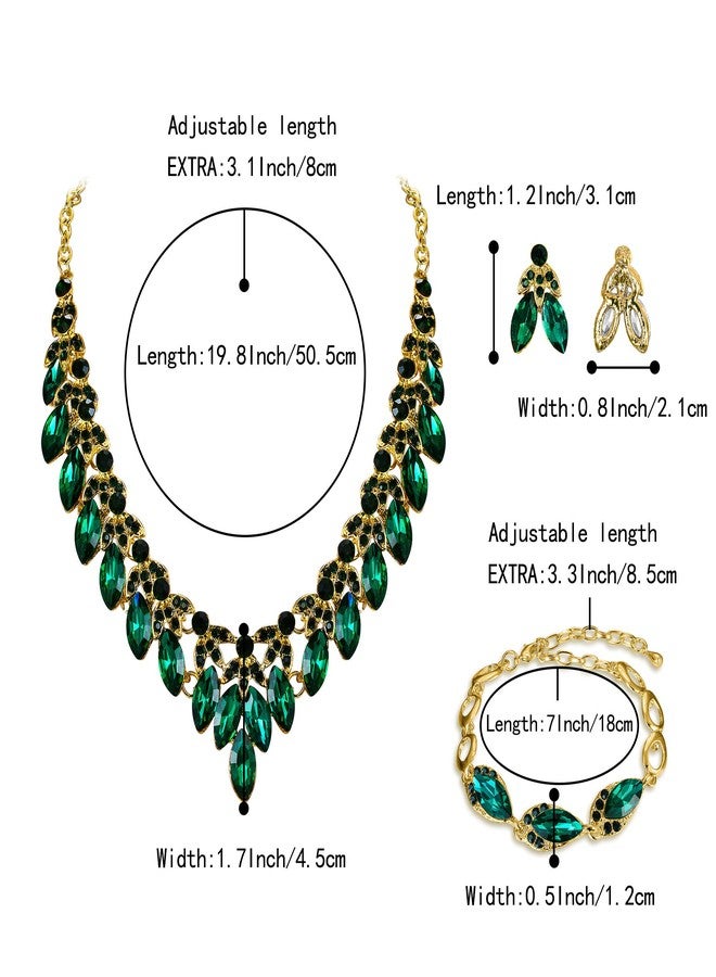 بريلوف طقم مجوهرات زفاف نسائي من بريلوف، مرصع بأحجار الراين والخرز على شكل ماركيز، يتضمن قلادة مميزة، وأقراط متدلية، وسوار بوصلات، بلون الزمرد والذهبي. - Image 4