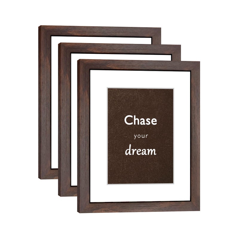 DEKWINN 8x10 Picture Frame Set of 3 with Real Glass for Pictures 5x7 with Mat or 8x10 Without Mat, Wall Mounting or Tabletop display Photo Frames in Walnut - Image 1