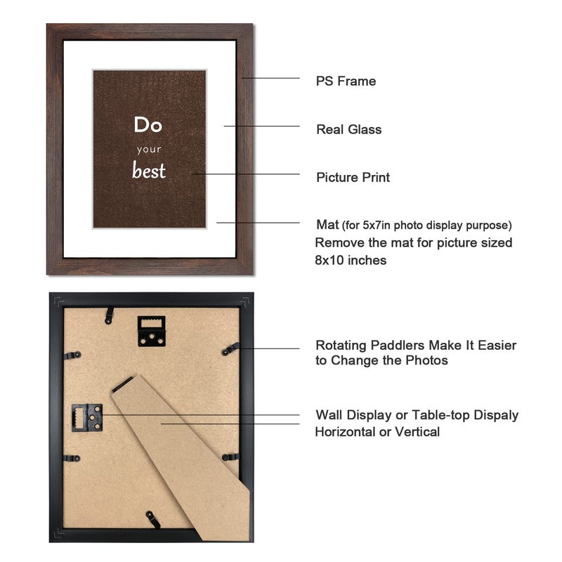 DEKWINN 8x10 Picture Frame Set of 3 with Real Glass for Pictures 5x7 with Mat or 8x10 Without Mat, Wall Mounting or Tabletop display Photo Frames in Walnut - Image 3