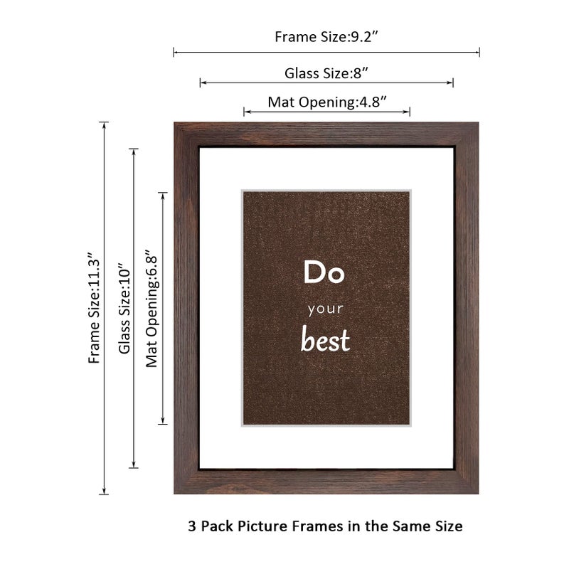 DEKWINN 8x10 Picture Frame Set of 3 with Real Glass for Pictures 5x7 with Mat or 8x10 Without Mat, Wall Mounting or Tabletop display Photo Frames in Walnut - Image 2