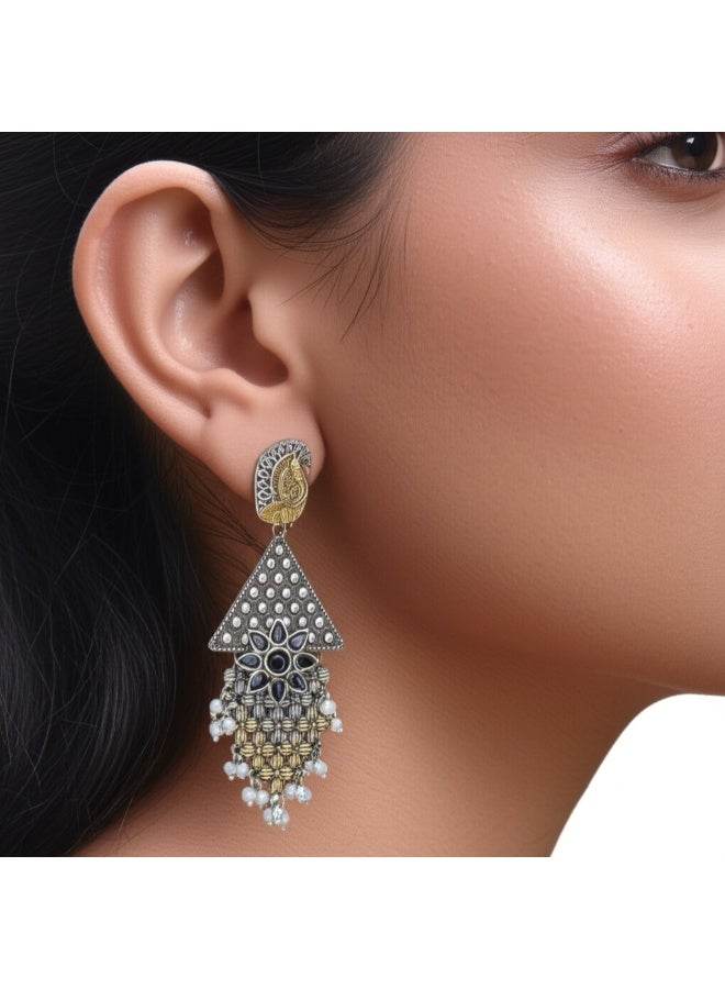Pretty Precious Oxidised Silver Antique Earrings for Women & Girls | Boho Ethnic Tribal Dangler Earrings | Lightweight Festive & Daily Wear Jewelry - Image 1