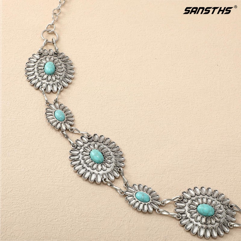Sansths Metal Concho Chain Belt for Women Western Cowgirl Turquoise Boho Waist Chain Belt for Dresses Jeans - Image 2