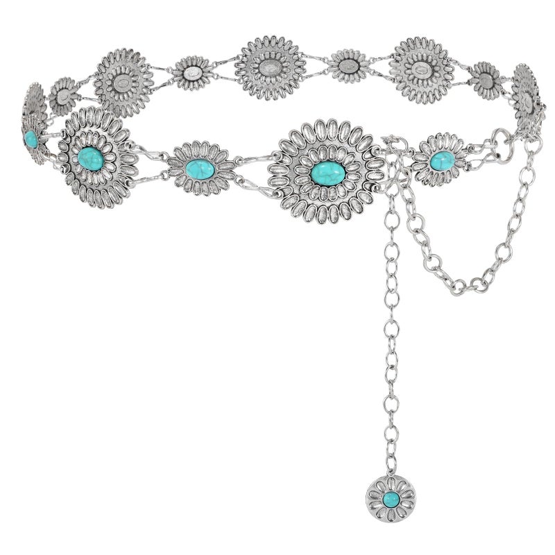Sansths Metal Concho Chain Belt for Women Western Cowgirl Turquoise Boho Waist Chain Belt for Dresses Jeans - Image 1