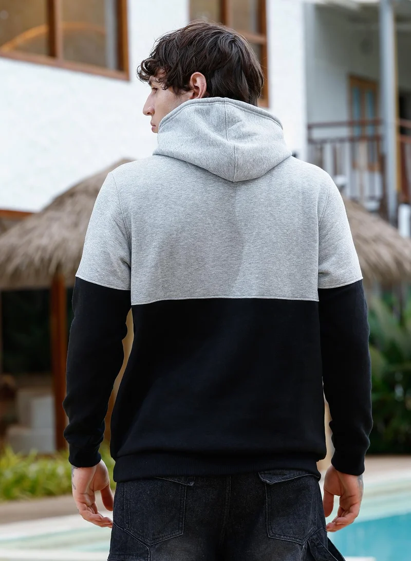 Campus Sutra Men's Block Pullover Hoodie | Hooded Neck , Long Ribbed Cuff Sleeves , Pull On Closure , Ribbed-Straight Hem | Colourblock Knitted Plain For Casual & Daily | Coin Grey & Onyx Black