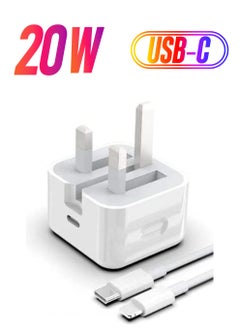 20-W Apple Charger Uk Plug Type C Adapter With 1m Iphone Fast Charging Cable Universal Travel Adapter Usb-c Plug Compatible For All Iphone Device 14/13/12/11 Pro And Pro Max / 8 Plus/X Max/Etc