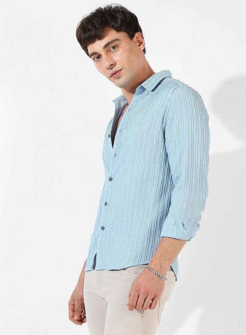 Campus Sutra Campus Sutra Men's Light Blue Textured Button Up Spread Collar Shirt For Casual Wear | Regular Fit | Poly Lycra Shirt Crafted With Long Sleeve, Comfort Fit & High-Performance For Everyday Wear