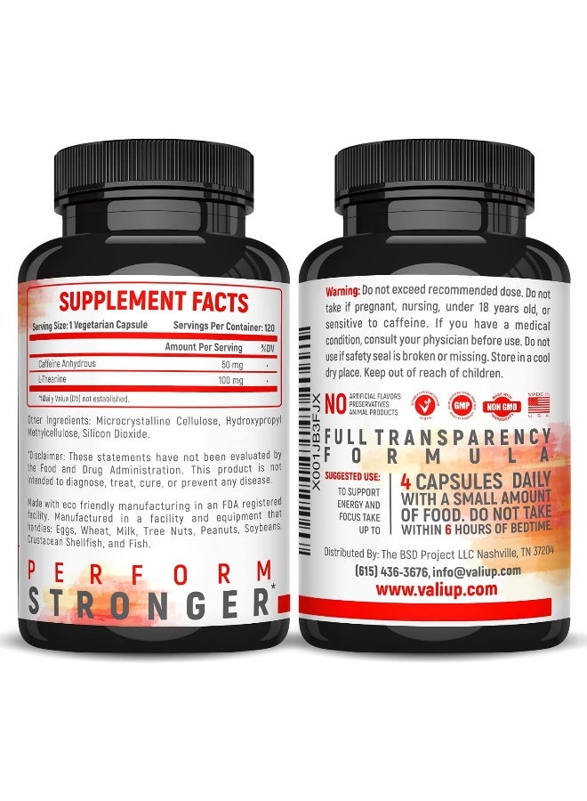 Caffeine 50mg with L-Theanine 100mg Pills for Smooth Energy, Focus, Clarity - 120 Veggie Capsules