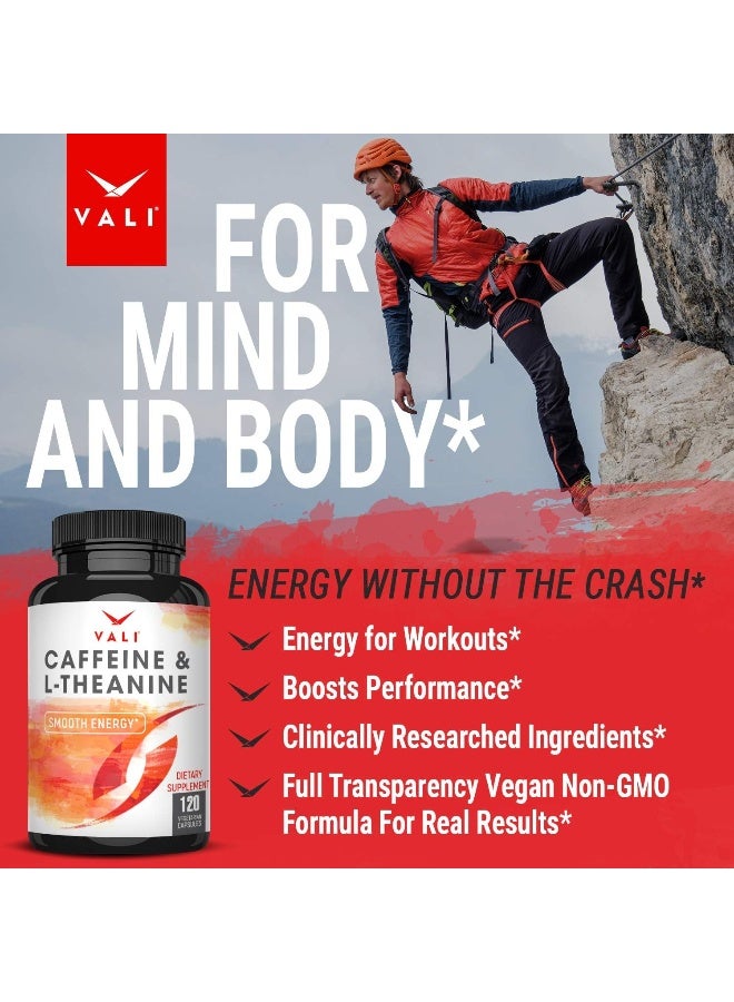 Caffeine 50mg with L-Theanine 100mg Pills for Smooth Energy, Focus, Clarity - 120 Veggie Capsules
