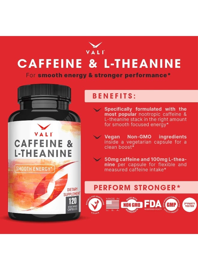Caffeine 50mg with L-Theanine 100mg Pills for Smooth Energy, Focus, Clarity - 120 Veggie Capsules