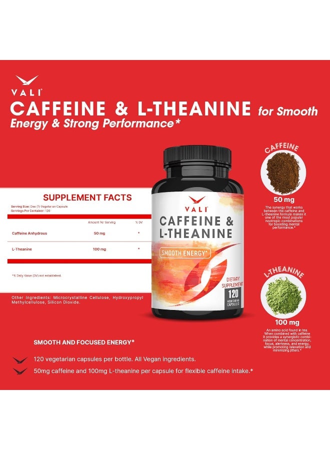Caffeine 50mg with L-Theanine 100mg Pills for Smooth Energy, Focus, Clarity - 120 Veggie Capsules