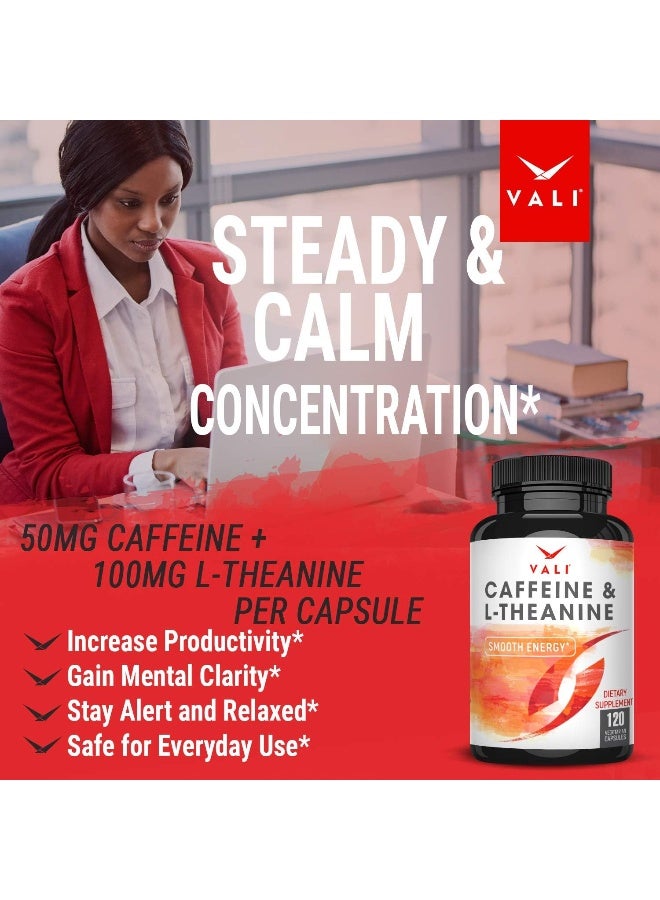 Caffeine 50mg with L-Theanine 100mg Pills for Smooth Energy, Focus, Clarity - 120 Veggie Capsules