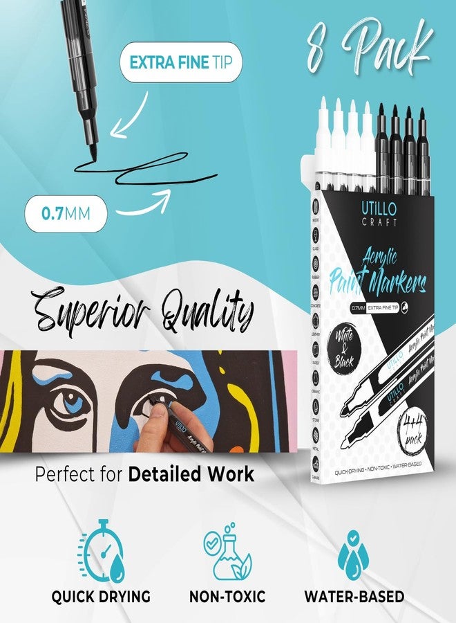 Utillo Craft White+Black Paint Marker Combo (4+4 Pack) 0.7mm Extra Fine Tip Made in Japan | Bold Color+100% Coverage | For Rock, Wood, Glass, Paper, Fabric, Canvas, Metal and More! | Acrylic Paint Pens - Image 2