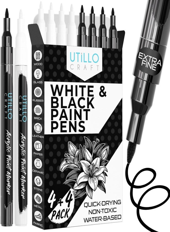 Utillo Craft White+Black Paint Marker Combo (4+4 Pack) 0.7mm Extra Fine Tip Made in Japan | Bold Color+100% Coverage | For Rock, Wood, Glass, Paper, Fabric, Canvas, Metal and More! | Acrylic Paint Pens - Image 1