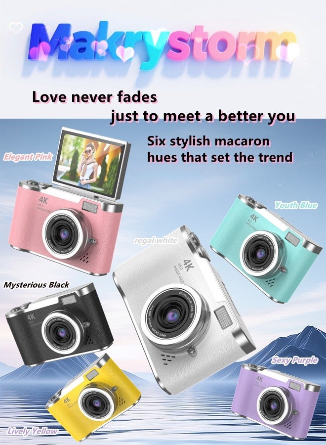 Makrystorm 4k CCD Digital Zoom Student Digital Camera 48MP Portable Digital Photography Camera 180° Flip Screen Selfie Camera，with 128GB SD card - Image 2