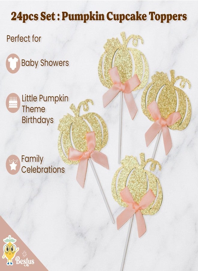Bestus Little Pumpkin Baby Shower Decorations for Girl - 24pcs Fall Cupcake Toppers with Peach Bow | Pumpkin Baby Shower Decor, Autumn Birthday, Thanksgiving Party Supplies, Pink Pumpkin Theme, Halloween - Image 4