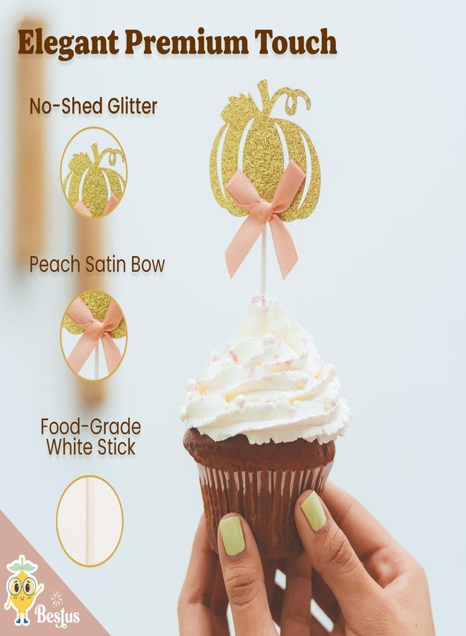 Bestus Little Pumpkin Baby Shower Decorations for Girl - 24pcs Fall Cupcake Toppers with Peach Bow | Pumpkin Baby Shower Decor, Autumn Birthday, Thanksgiving Party Supplies, Pink Pumpkin Theme, Halloween - Image 2