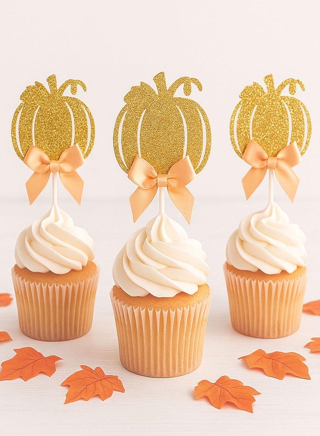 Bestus Little Pumpkin Baby Shower Decorations for Girl - 24pcs Fall Cupcake Toppers with Peach Bow | Pumpkin Baby Shower Decor, Autumn Birthday, Thanksgiving Party Supplies, Pink Pumpkin Theme, Halloween - Image 1