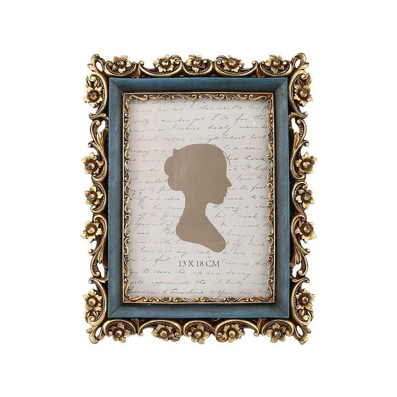 Sunlit Vintage Picture Frame 5x7 Inch Luxury Antique Photo Frames with Glass Front Photo Display Tabletop Wall Hanging Gift Ideas Gold and Blue