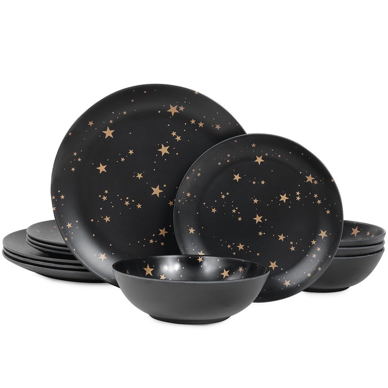 Gofunfun Black Melamine Dinnerware Sets - 12pcs Plates and Bowls Sets, Unbreakable Camping Dishes Set for 4, Indoor and Outdoor Use Non-breakable Dinner Set - Star - Image 1