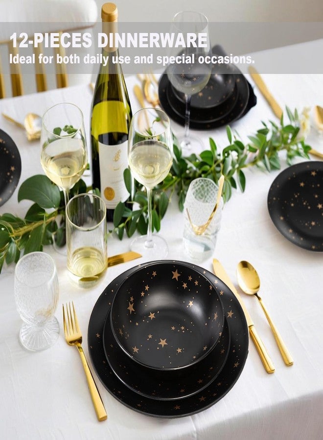 Gofunfun Black Melamine Dinnerware Sets - 12pcs Plates and Bowls Sets, Unbreakable Camping Dishes Set for 4, Indoor and Outdoor Use Non-breakable Dinner Set - Star - Image 4