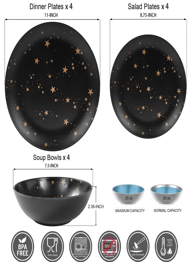 Gofunfun Black Melamine Dinnerware Sets - 12pcs Plates and Bowls Sets, Unbreakable Camping Dishes Set for 4, Indoor and Outdoor Use Non-breakable Dinner Set - Star - Image 2