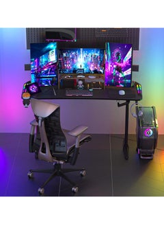 WISFOR Gaming Desk with RGB Light 160x60.5cm PC Computer Table Y Shaped Gamer Home Office Deck with Cup Holder and Headphone Hook Carbon Fiber Tabletop Large Workstation  - Image 2